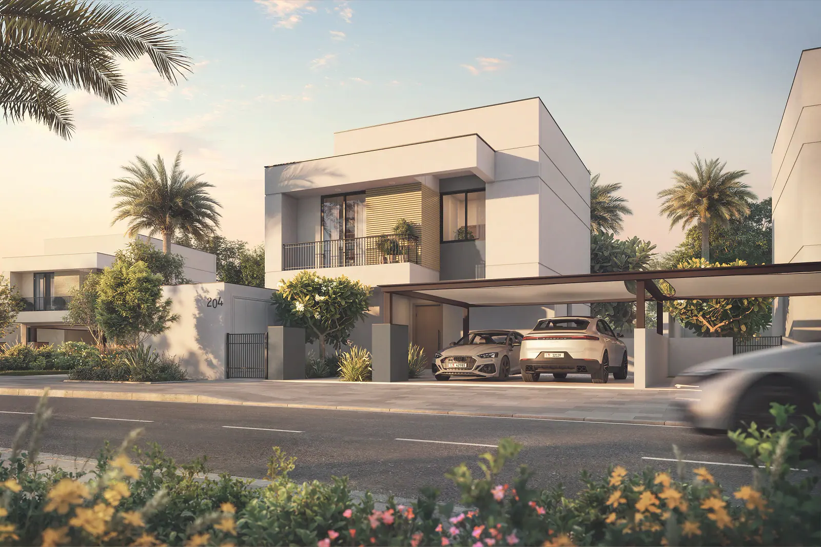 Al Ghadeer Gardens villa at golden hour, render